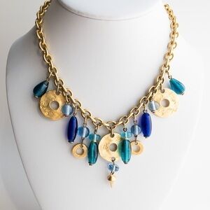 Chunky Gold Tone Charm Pendant Chain Necklace Blue Green Glass Deja Designs